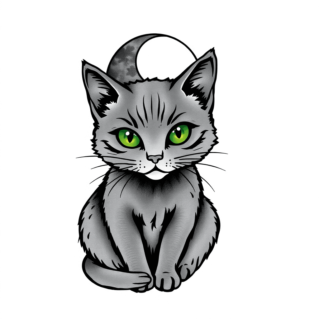 Generate Me A Tattoo Template In Realistic Style
Of A Dark Gray Cat, With Green Eyes Sitting Facing Forward, With A Waning Moon Above Its Head, Short Hair, And Some Type Of Shading On Both Sides