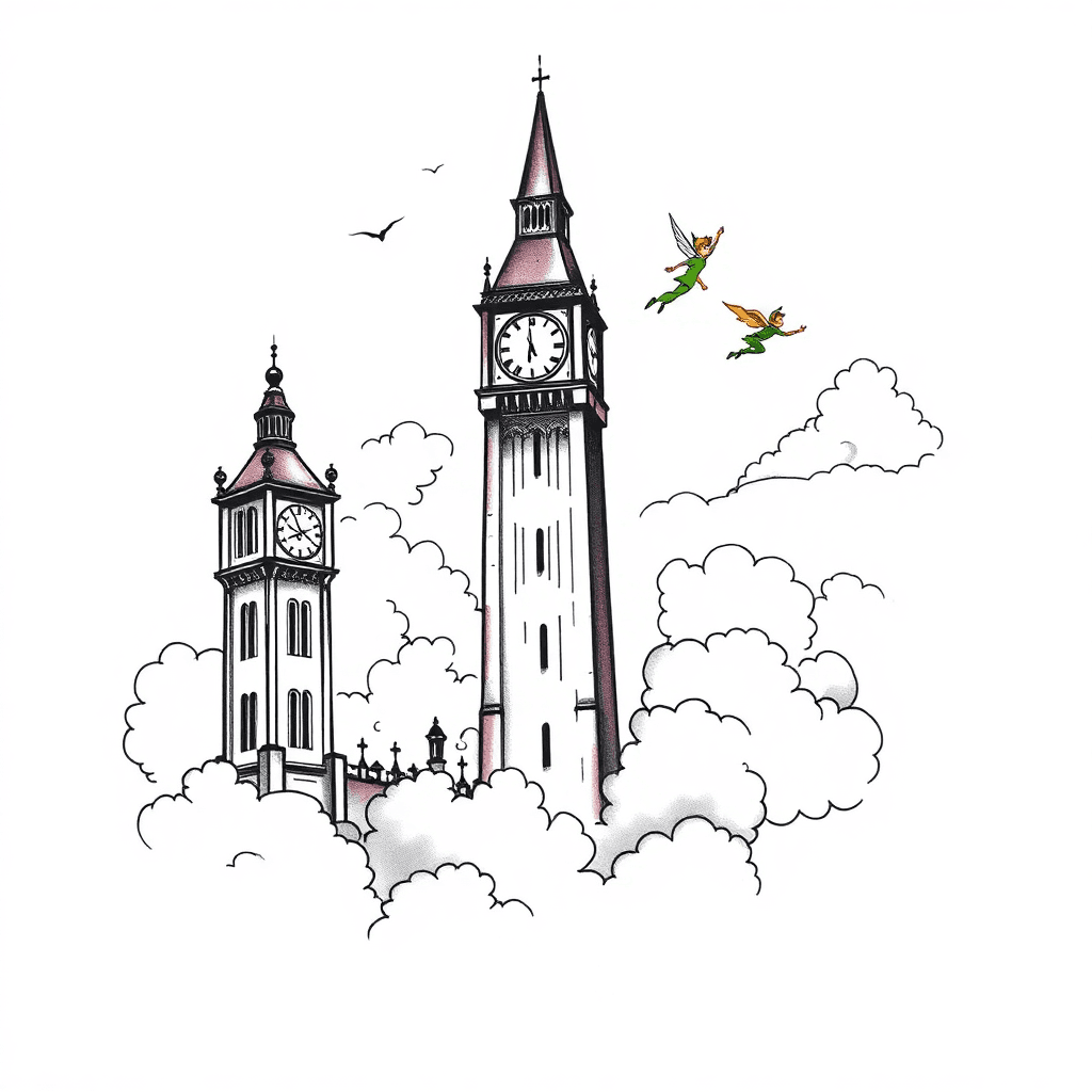 Clock Tower With Peter Pan Flying Surrounded By Clouds And Fog