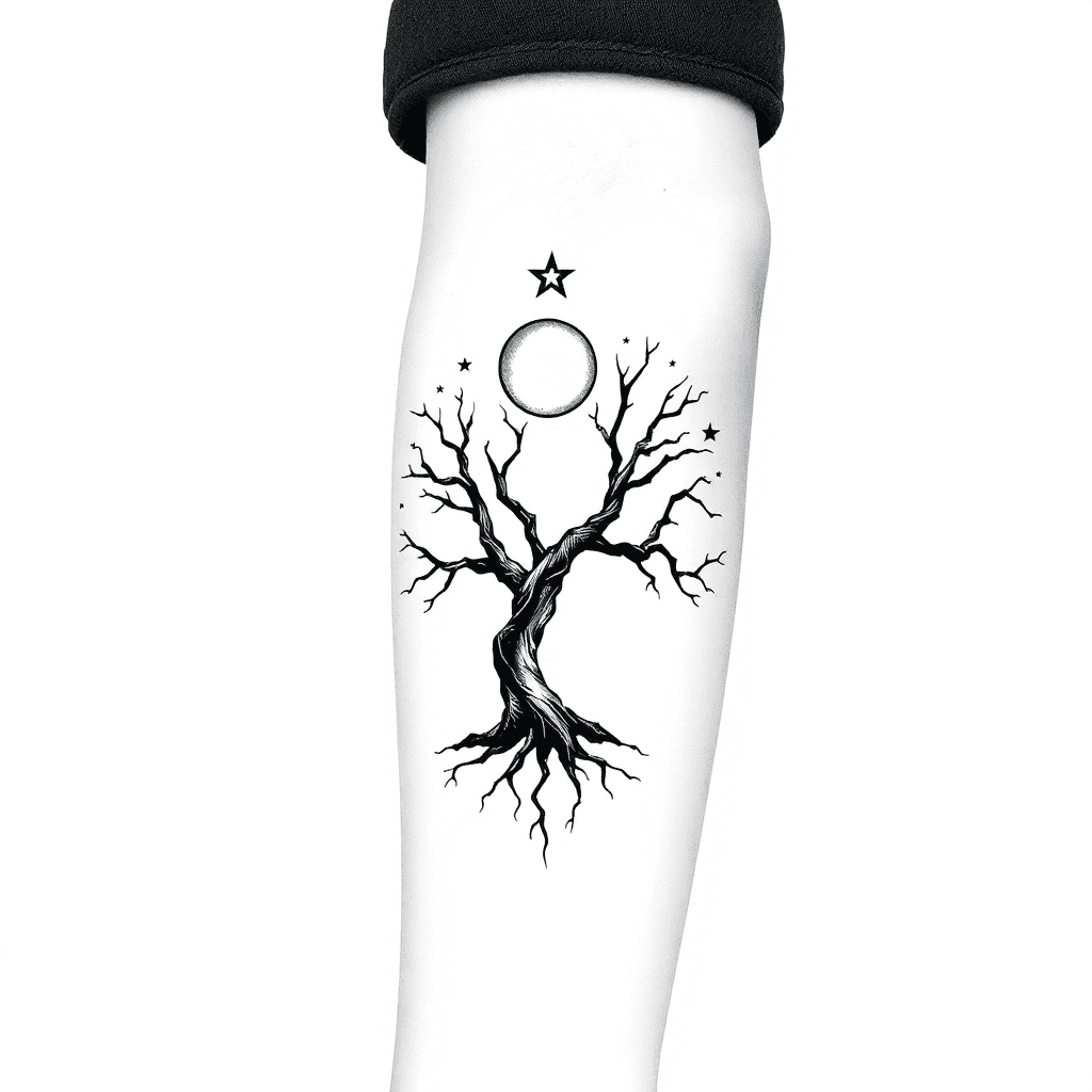 Lebensbaum Mit 2 Sternen Vor Mond Unterarm Tattoo