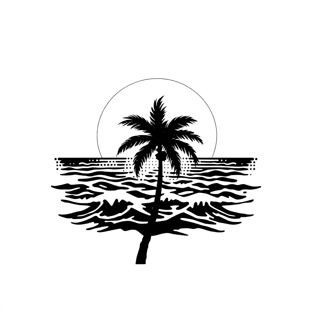 Palm Tree In Front Of Sunset And Ocean Waves