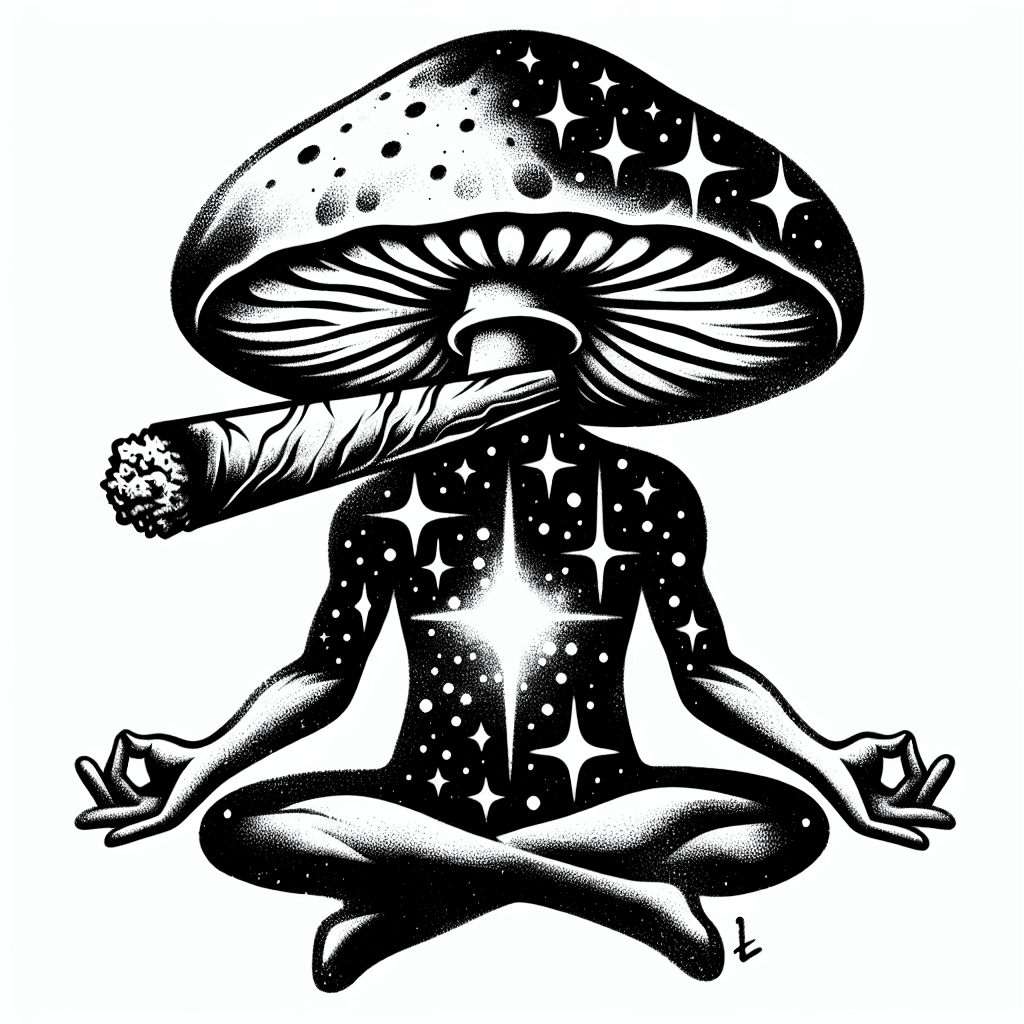 Stars And Galaxy Merged With A Mushroom Sitting Criss Cross Meditating With A Blunt In His Mouth.