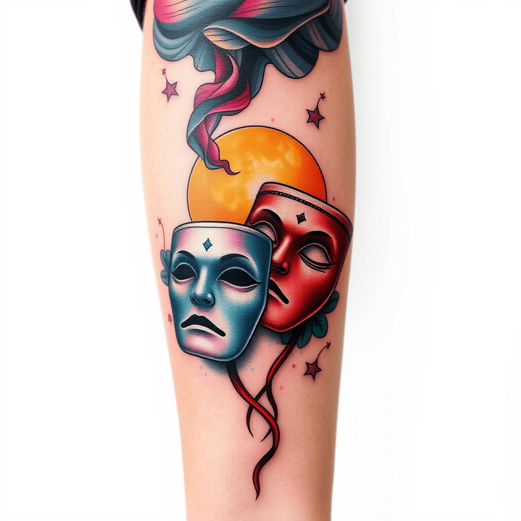 Back Of Forearm Tattoo Of Smoke And A Theater Mask With A Full Moon And Peter Pan