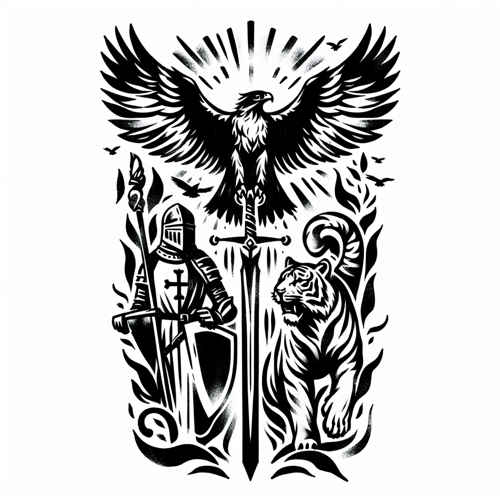 Hawk Rising At The Top With Medieval Knight In The Middle And Two Tigers On The Sides