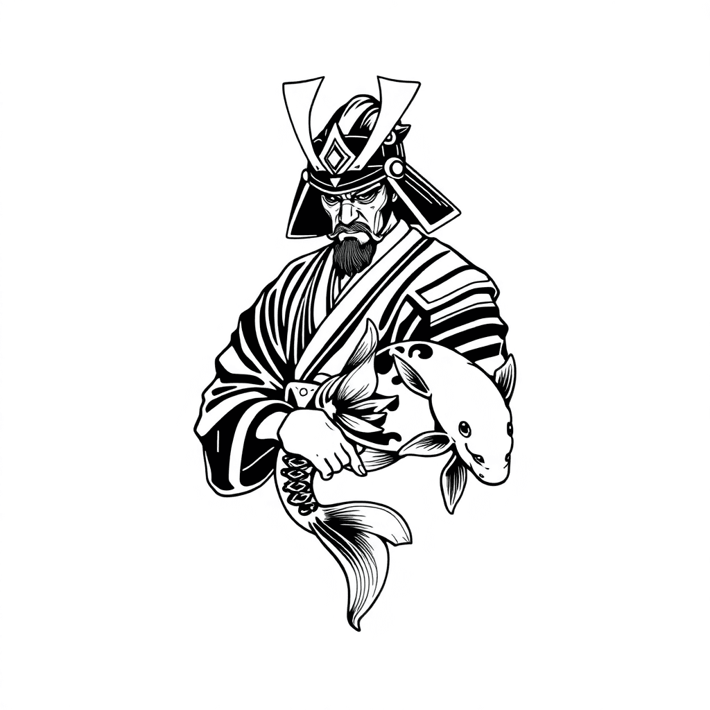 Un Samurai Con Elementos De La Cultura Japonesa Que Representen Fortaleza Mental, Y Un Pez Koi
