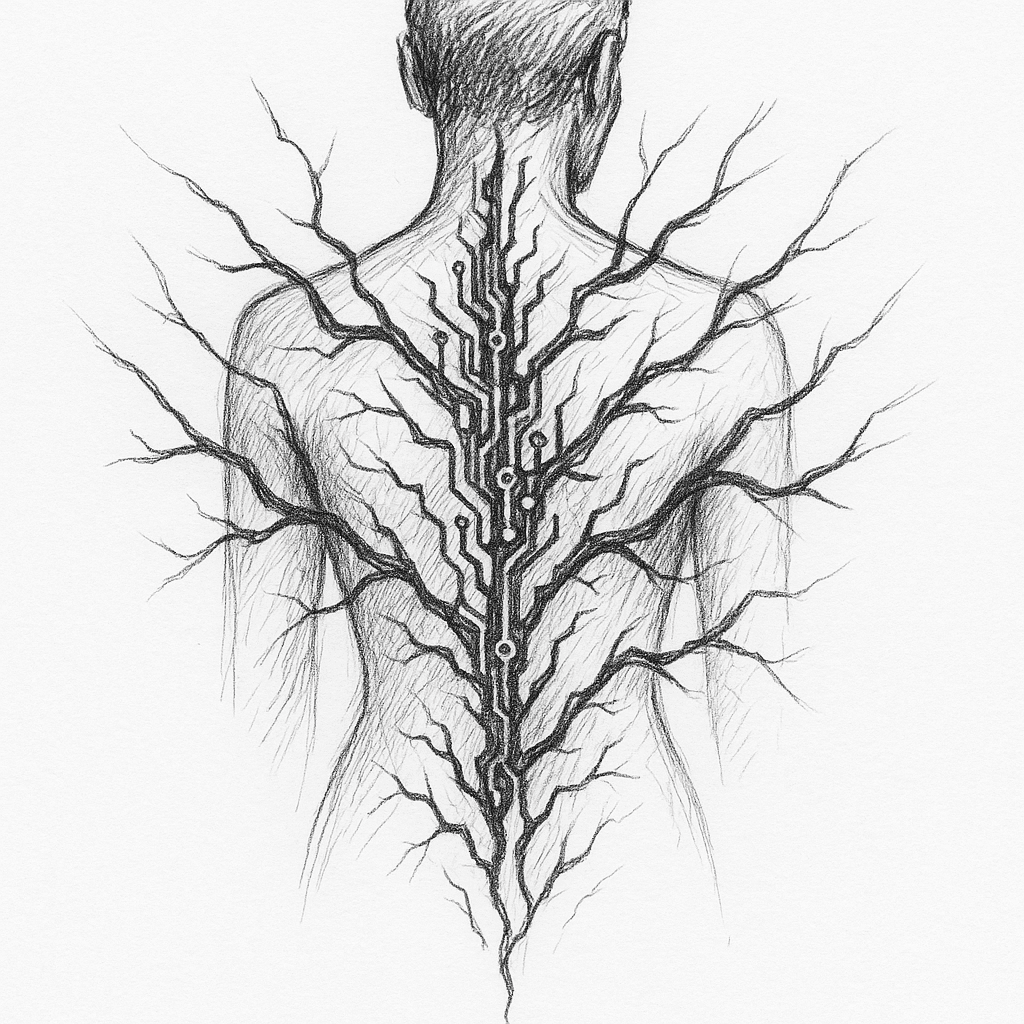 Back Tattoo With Organic Circuitry And Lightning Lines Growing From The Spine
