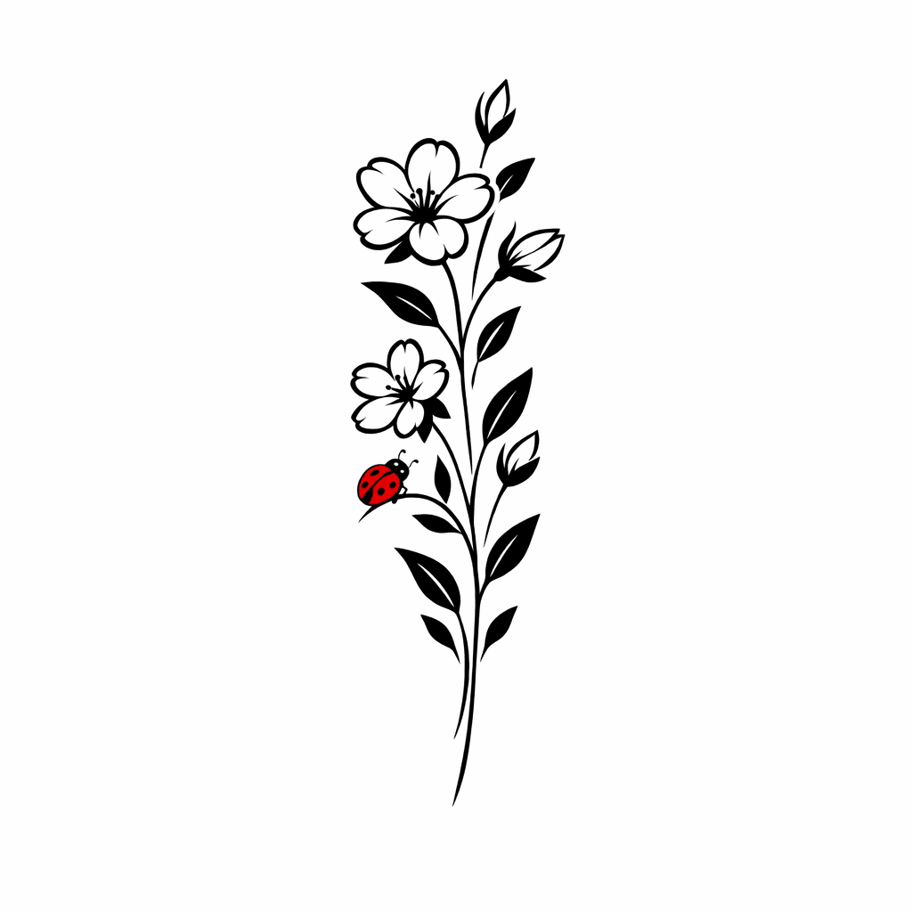 Black And White Floral Pattern With Small Red Ladybug