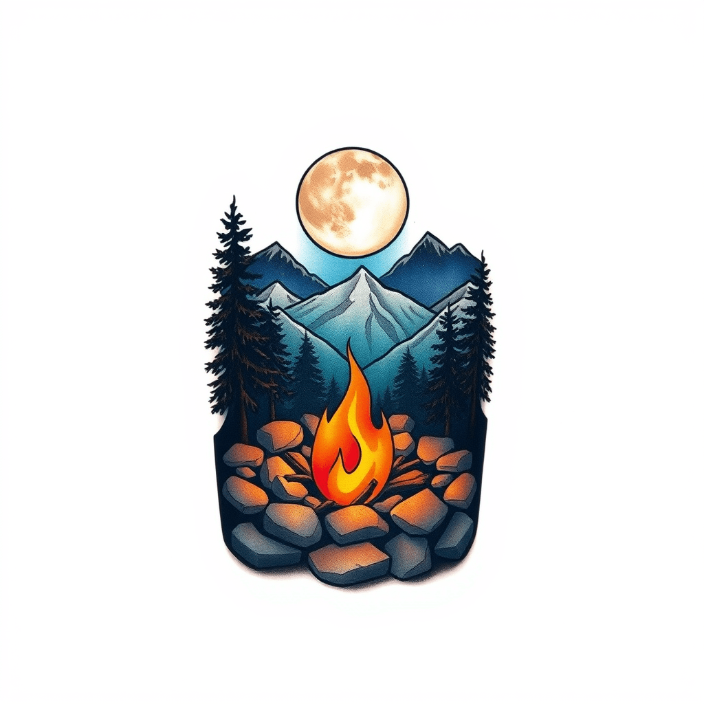 Forearm Tattoo Of A Campfire Circled With Stones In The Mountains At Night With A Full Moon And Pine Trees