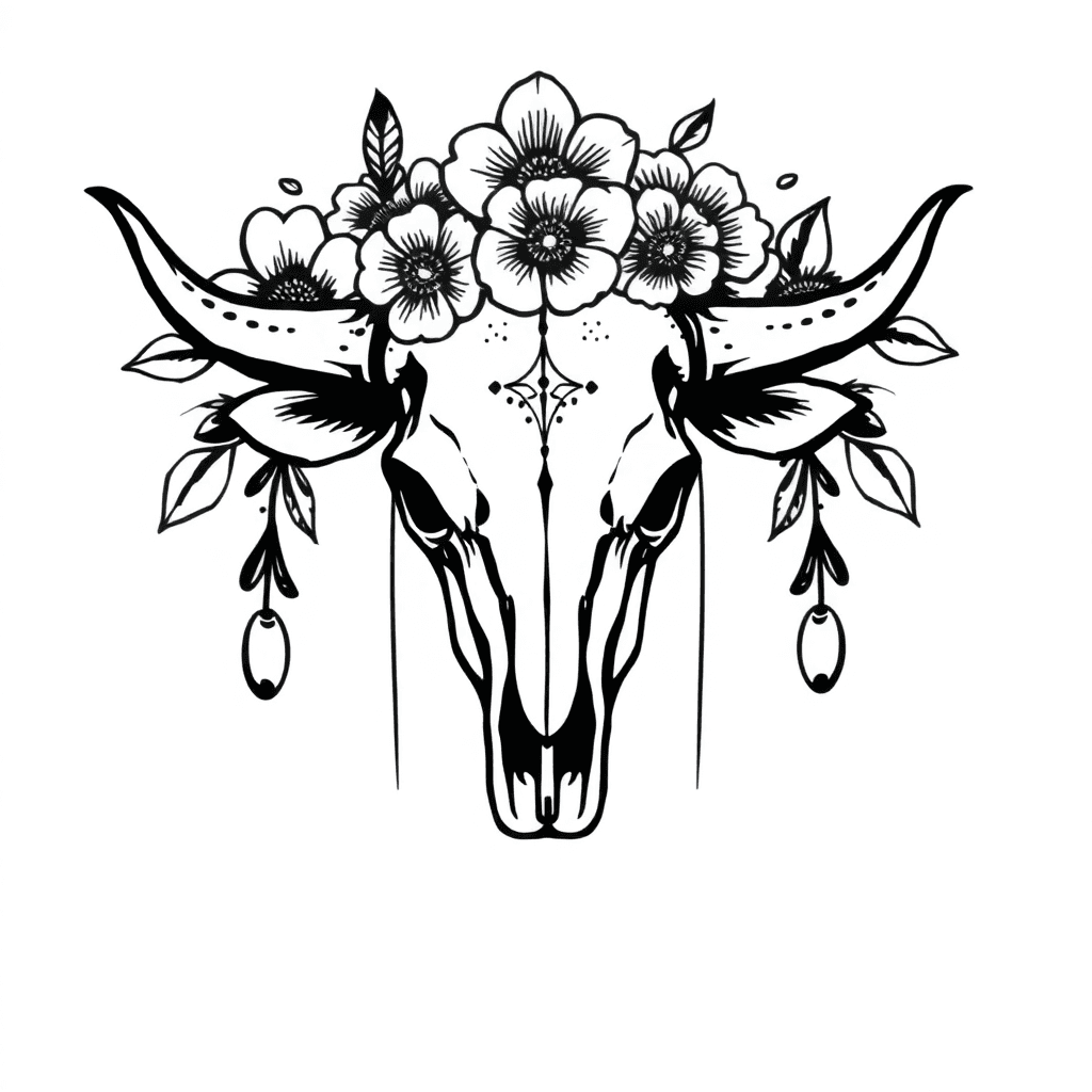 A Cow Skull With Elegant Flowers Around It And Beans Hanging From The Horns