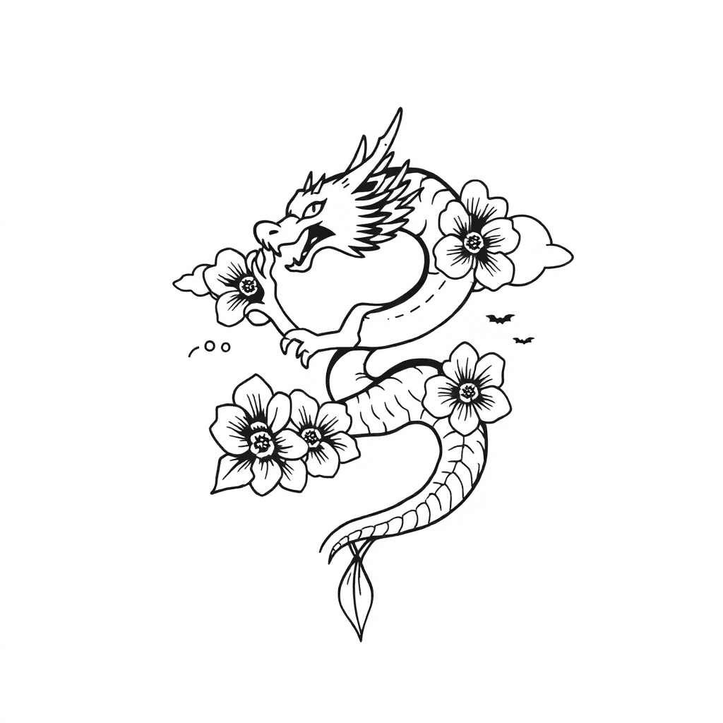 A Minimal American Style Dragon With Flowers And Clouds That Wraps Around Wrist And Forearm