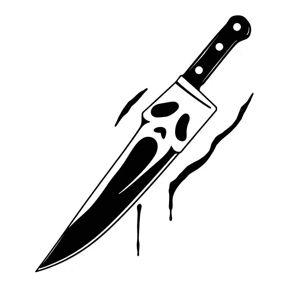 A Knife With The Image Of Ghostface From Scream Movies On The Blade