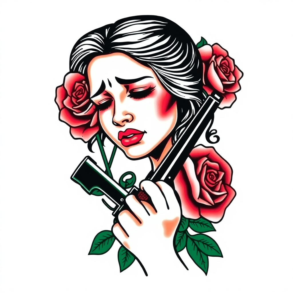 Traditional "Crying mexican woman with rose and gun" Tattoo Design