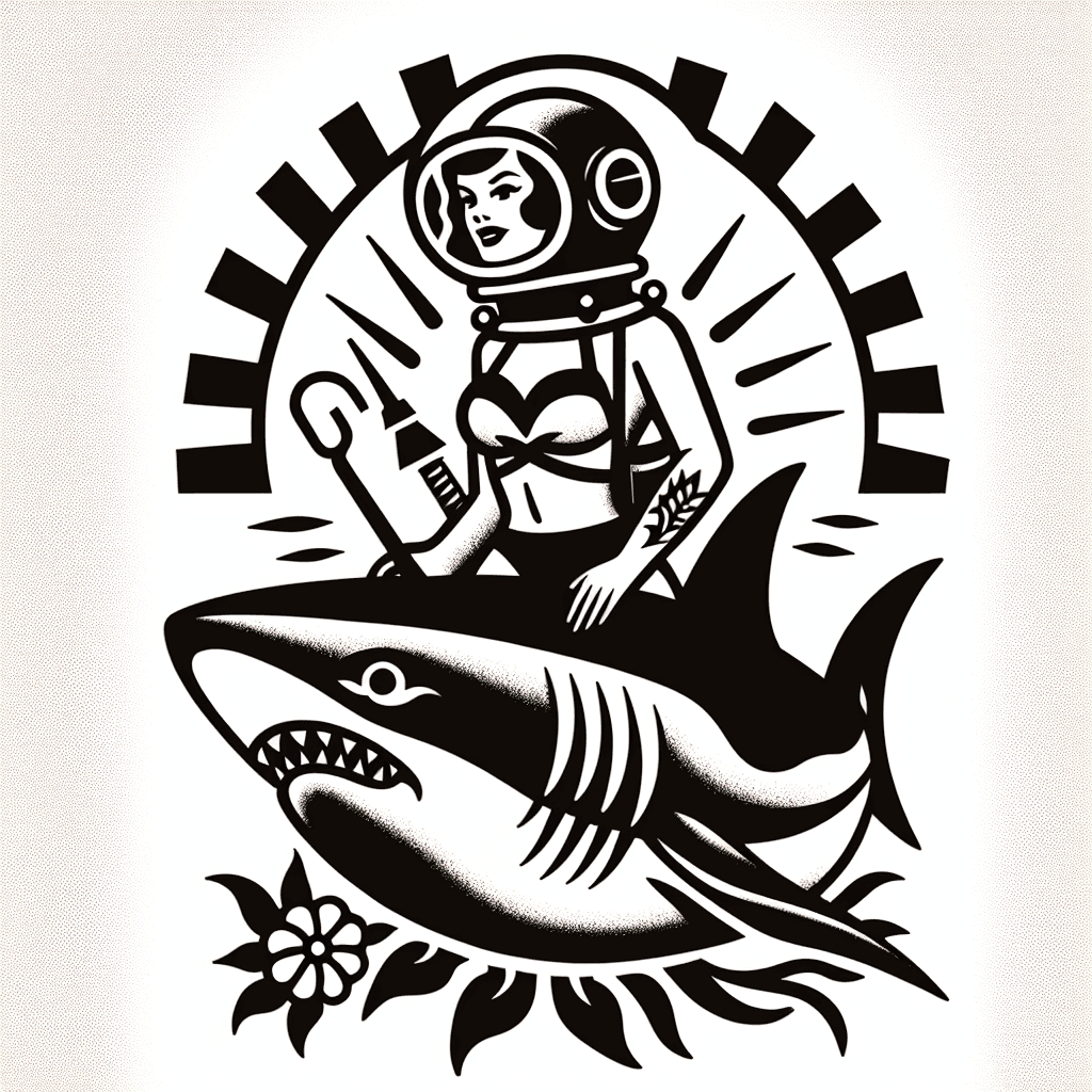 Traditional "Woman in bikini with diving helmet riding a giant shark" Tattoo Design