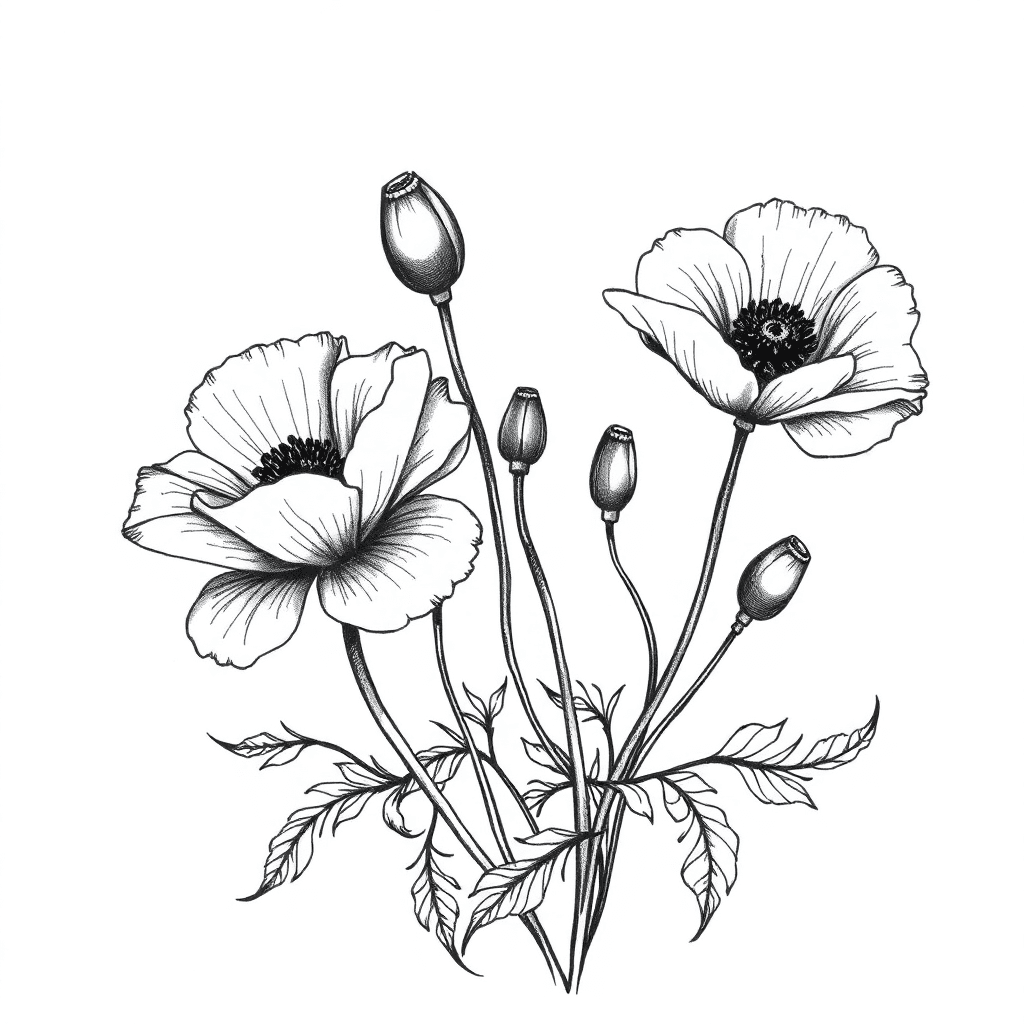 Fine-line Watercolor Black And White Poppy Flowers With A Snake Back Tattoo