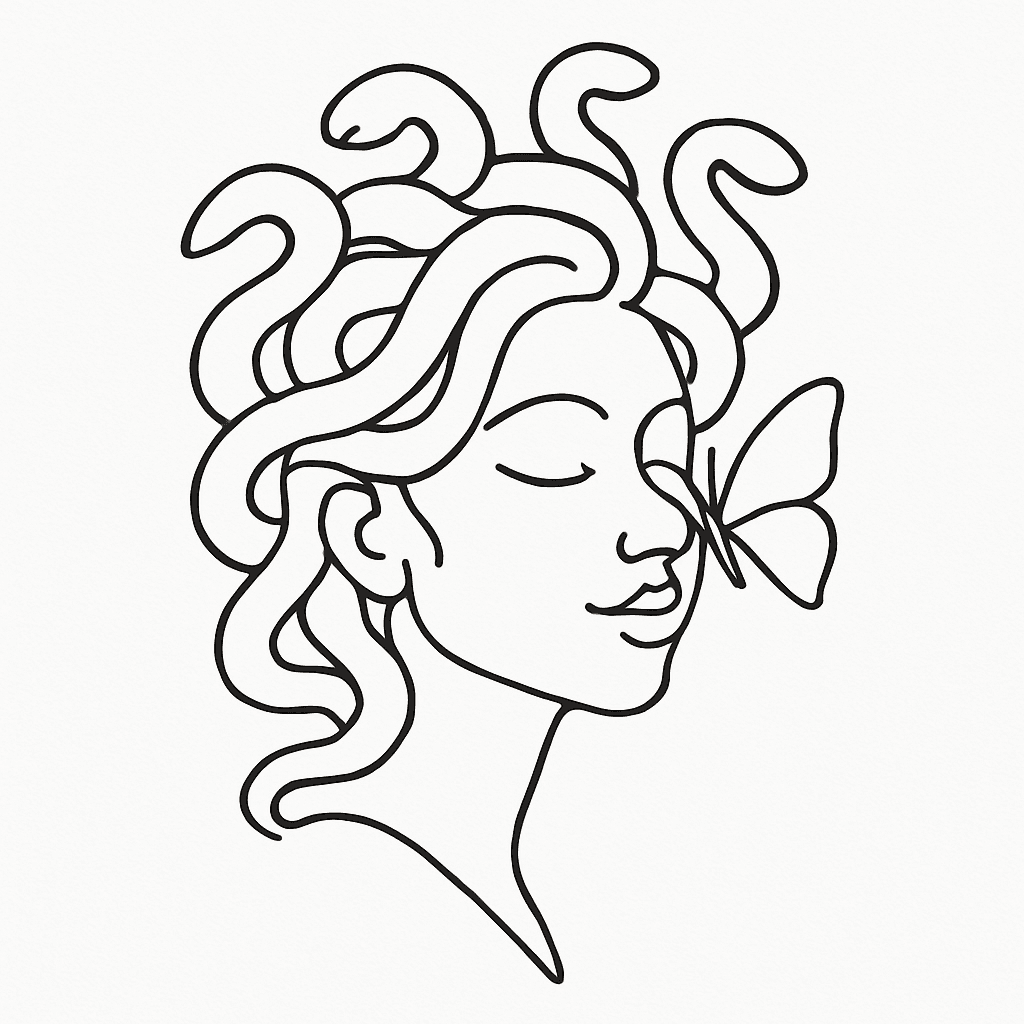 A Cute Medusa Tattoo With Her Eyes Closed And A Butterfly On Her Nose