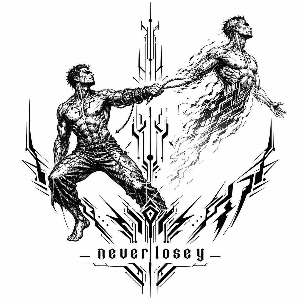 A Masculine Man Pulls On A Rope Wrapped Around His Arm. Another Masculine Mirage/ghost Appears As If It Is His Soul Leaving His Body, And He Is Trying To Pull It Back. Include The Phrase 'never Lose Y