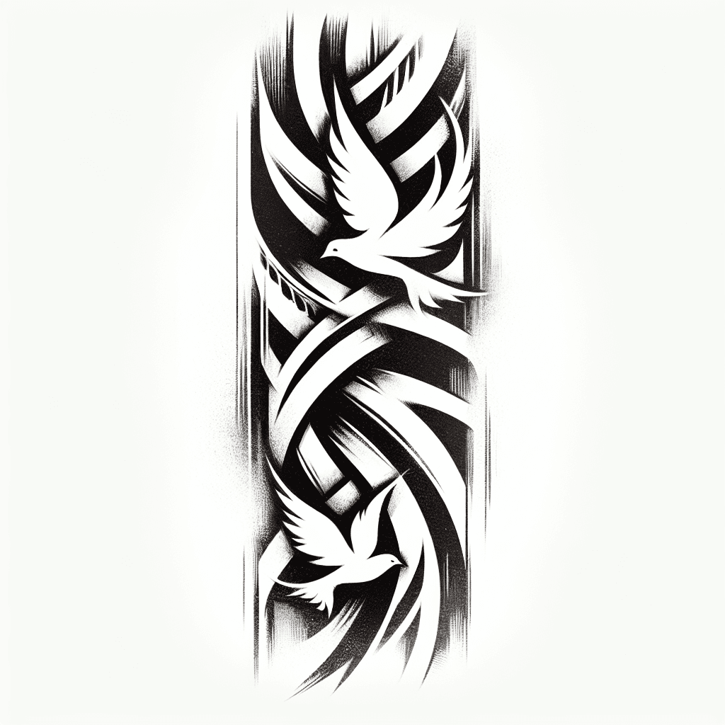 Two Shaded In Tribal Bands Merged With Flying Doves Coming Out Of The Tribal Band.
