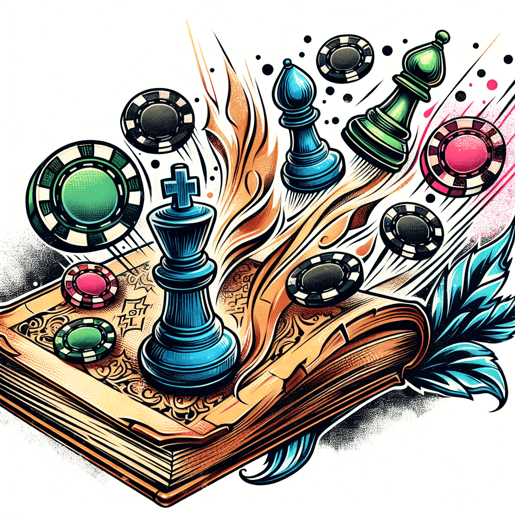 Chess Pieces And Poker Chips Magically Floating Up Out Of An Antique Book With A Border