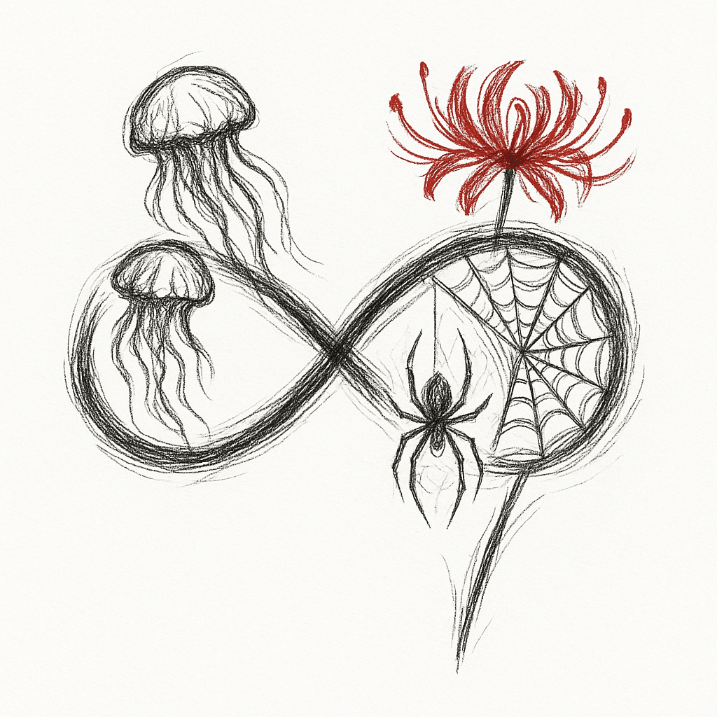 Infity With Jellyfish And Web And Spider And Red Higanbana