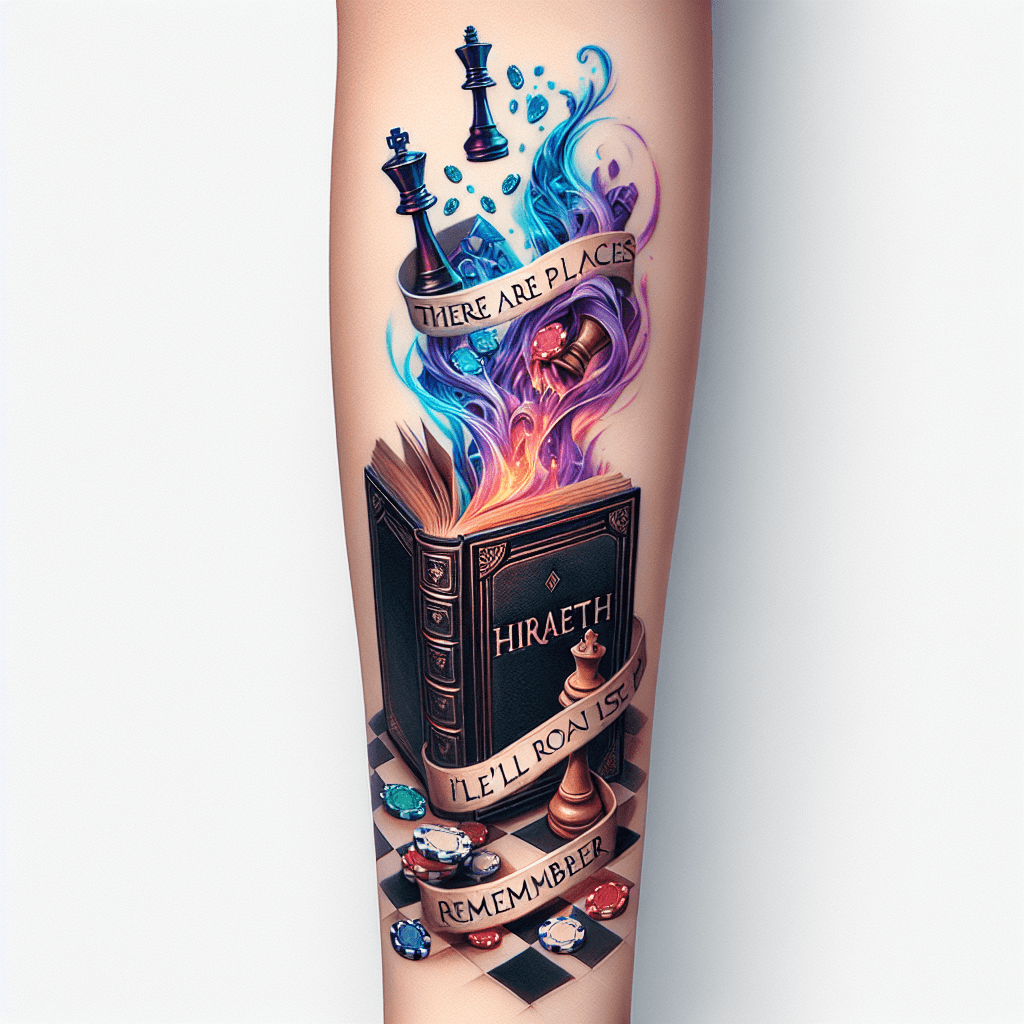 Forearm Tattoo Of A Book Titled "hiraeth" Opened With Poker Chips And Chess Pieces Magically Flying Upwards With Smoke And With The Words "there Are Places I'll Remember"
