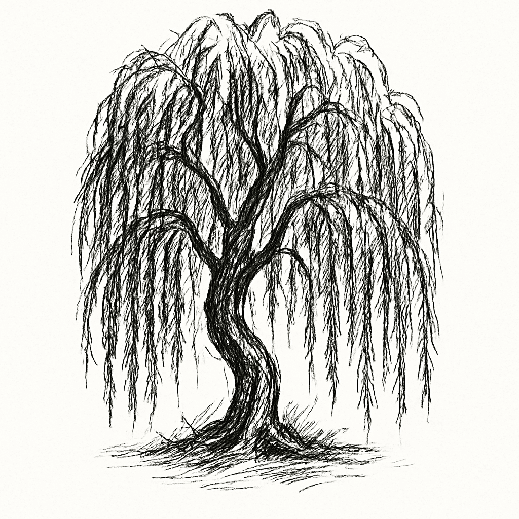 Large Full Weeping Willow Tree, Branches Touching The Ground Tattoo