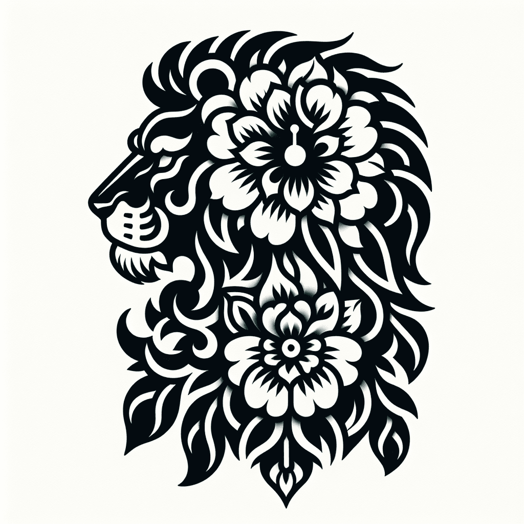 Lion Head Made Up Flowers And Leaves.