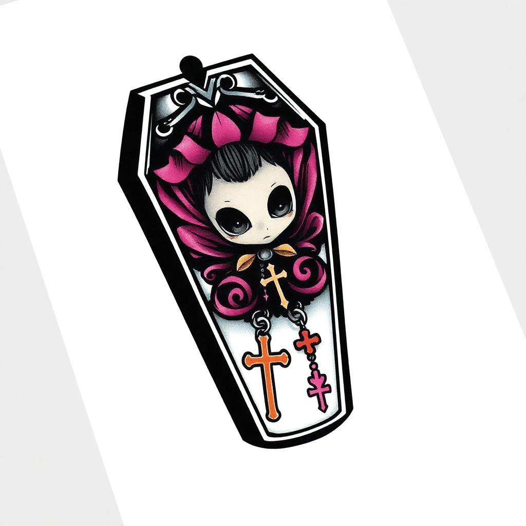 Traditional "Logo design of a stencil for a hand tattoo of a glamorous Kawaii illustrated vampire coffin thats pastel goth glam horror with dangling vampire pendants such as a, crucifix, sticker style" Tattoo Design