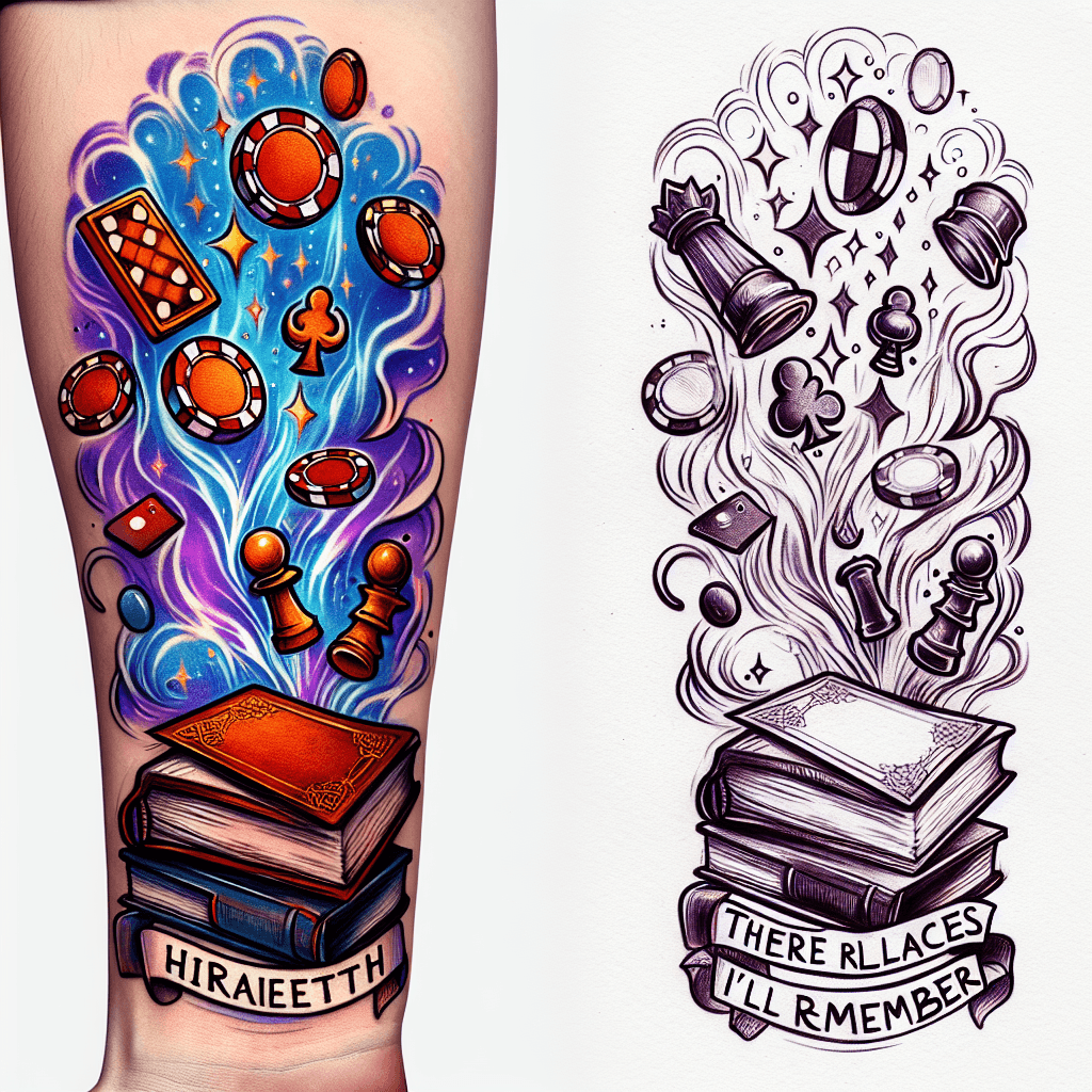 A Book Titled “hiraeth” Opened With Poker Chips And Chess Pieces Magically Flying Upwards With Smoke And A Fog Background And With The Words “there Are Places I’ll Remember” On Forearm