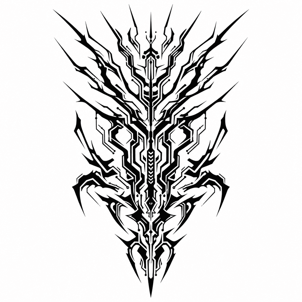 Black Ink Cybersigil Back Tattoo With Alien Symmetrical Shapes