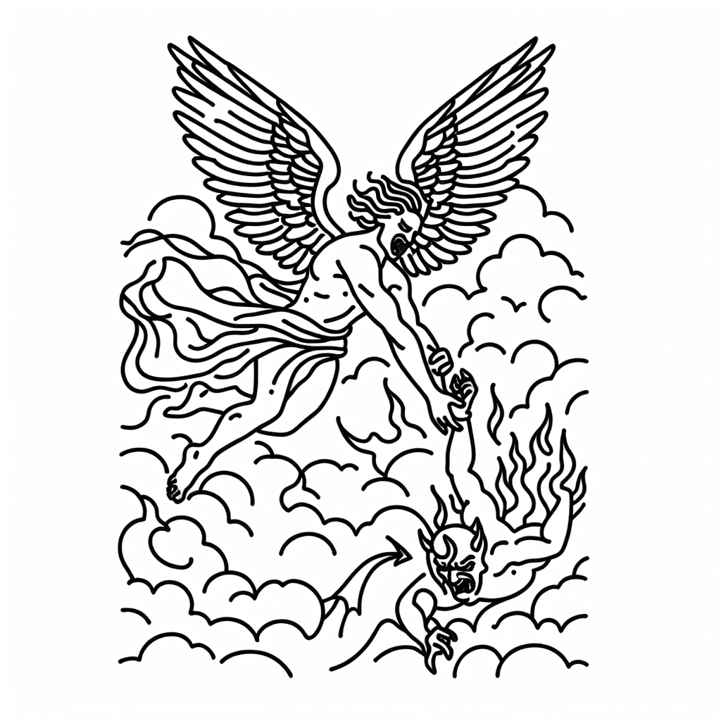 An Archangel Fangs Grabbing A Devil By His Wrists Flying Through Space Lighting Fire Clouds Rain