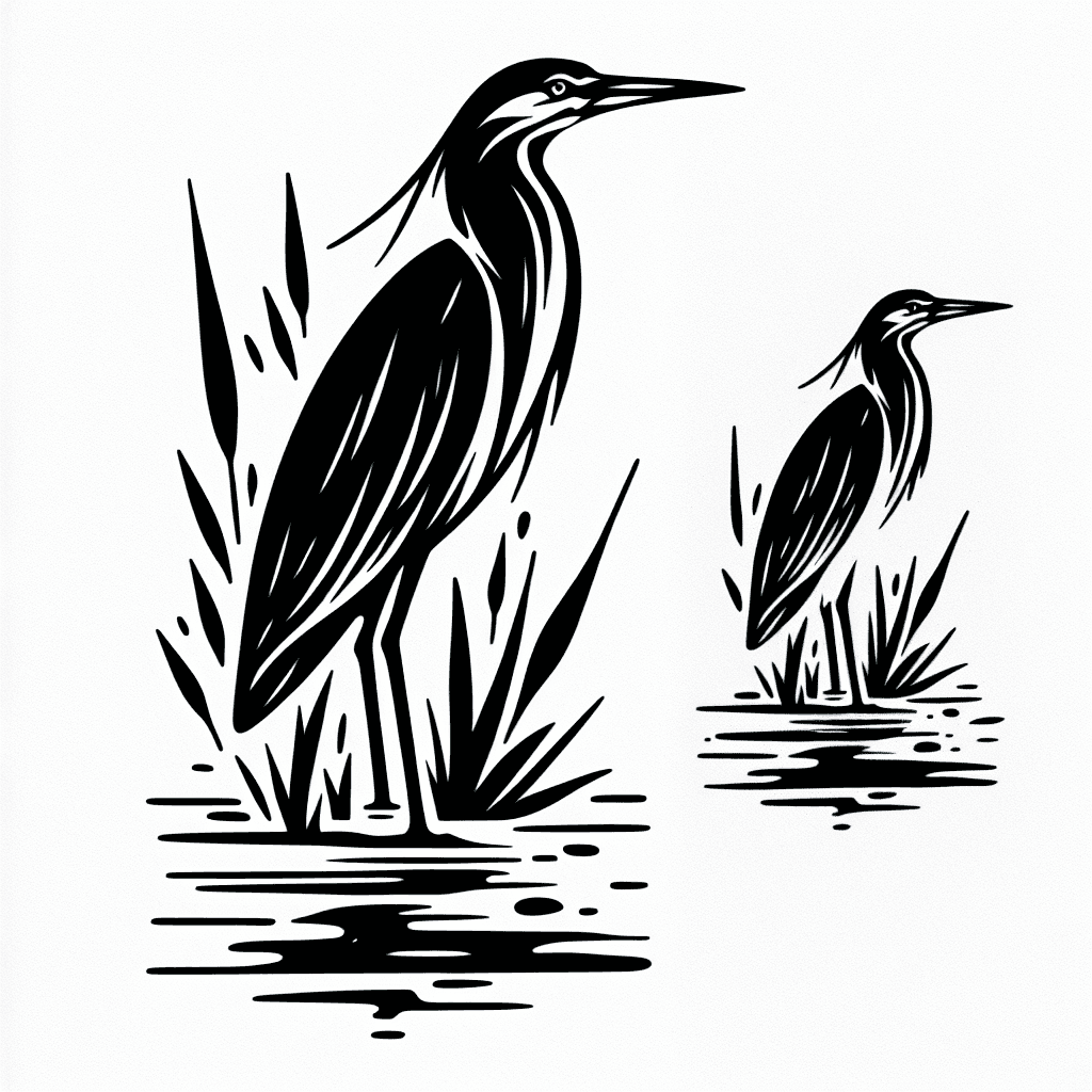 Green Heron Fullbody In Swamp Lineart