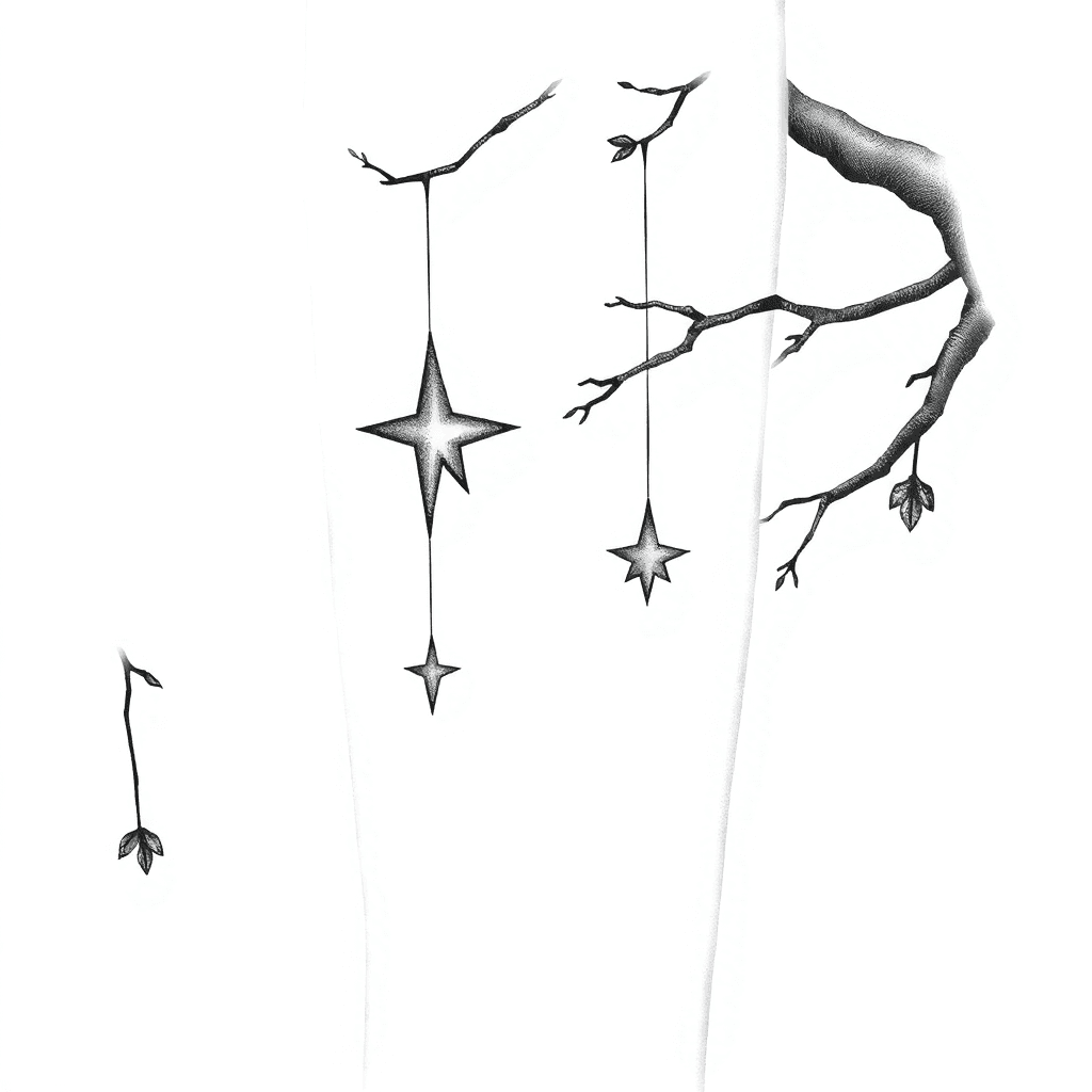 Zwei Sterne Im Weltenbaum Hängend Halbmond Im Hintergrund Unterarm Tattoo