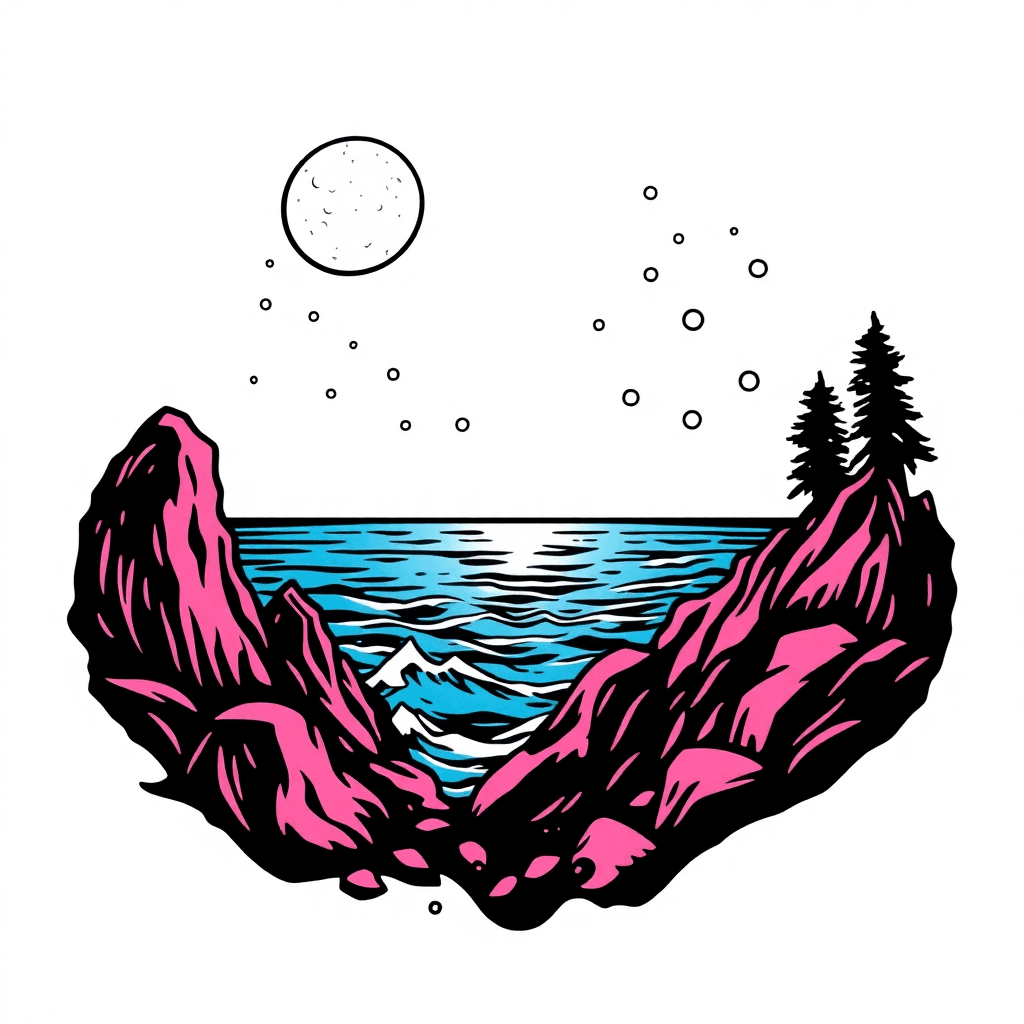 The Ntsky Wih The Snow Moon Above Overlooking The Ocean Wi E Conselation Of Aries With Orbs Floating