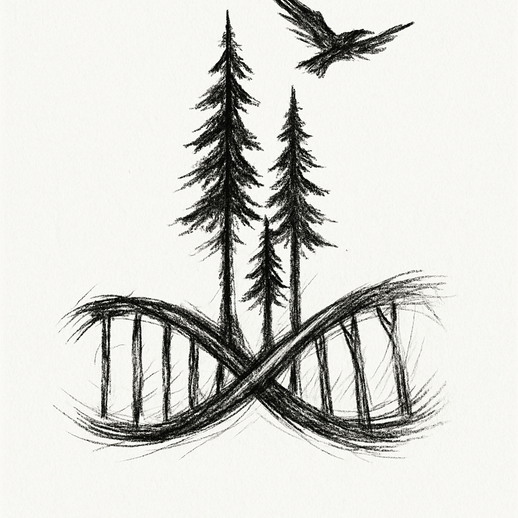 Sideways Dna With 3 Fir Trees Rising Out Of It And A Bird Overhead