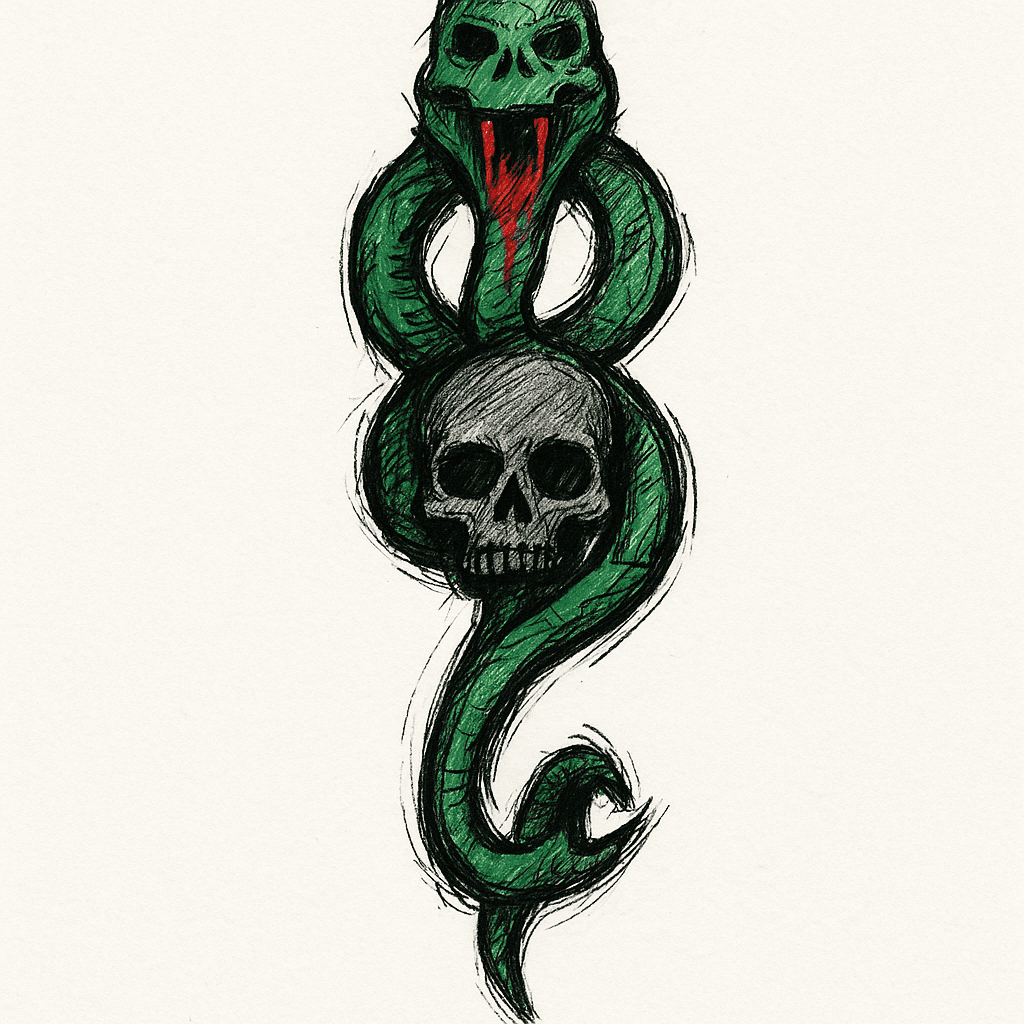 A Modernized Dark Mark From Harry Potter As Though It's For A Highly Decorated Death Eater In Emerald Green And Blood Red And Obsidian Black. Forearm Tattoo