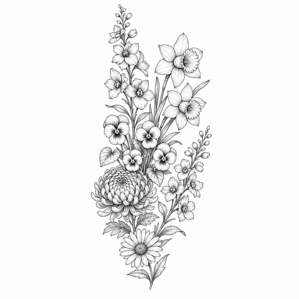 Half Sleeve Starting Right Above Elbow And Working Its Way Up To The Top Of Arm/shoulder, With A Larkspur, Daffodil, 5 Violets, A Chrysanthemum, 2 More Larkspurs, And A Daisy.