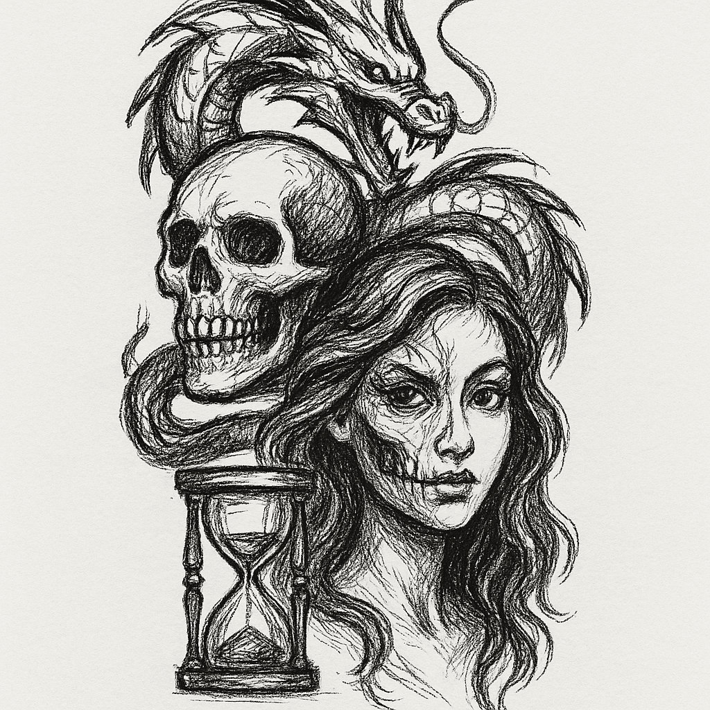 جمجمه داشته باش اژدهای که دورپاپیچیده باشه ساعت شنی داشته باشه دختر زیبایی که نصف صورتش اجنه باشه