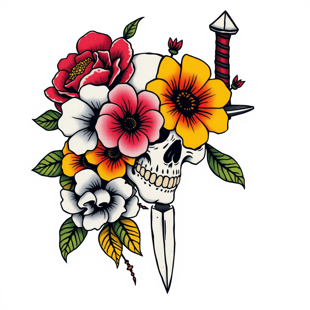 Traditional "Flowers with skull and dagger" Tattoo Design
