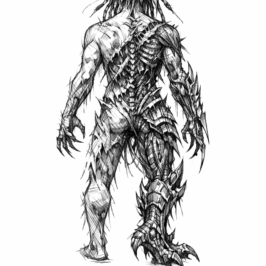 Full Body (only On The Back) Tattoo Design From Upper Back Down To Legs, Dark Horror Realism Style, Highly Detailed, Depicting A Human Body Transforming Into A Hybrid Predator Creature Through Evolvin
