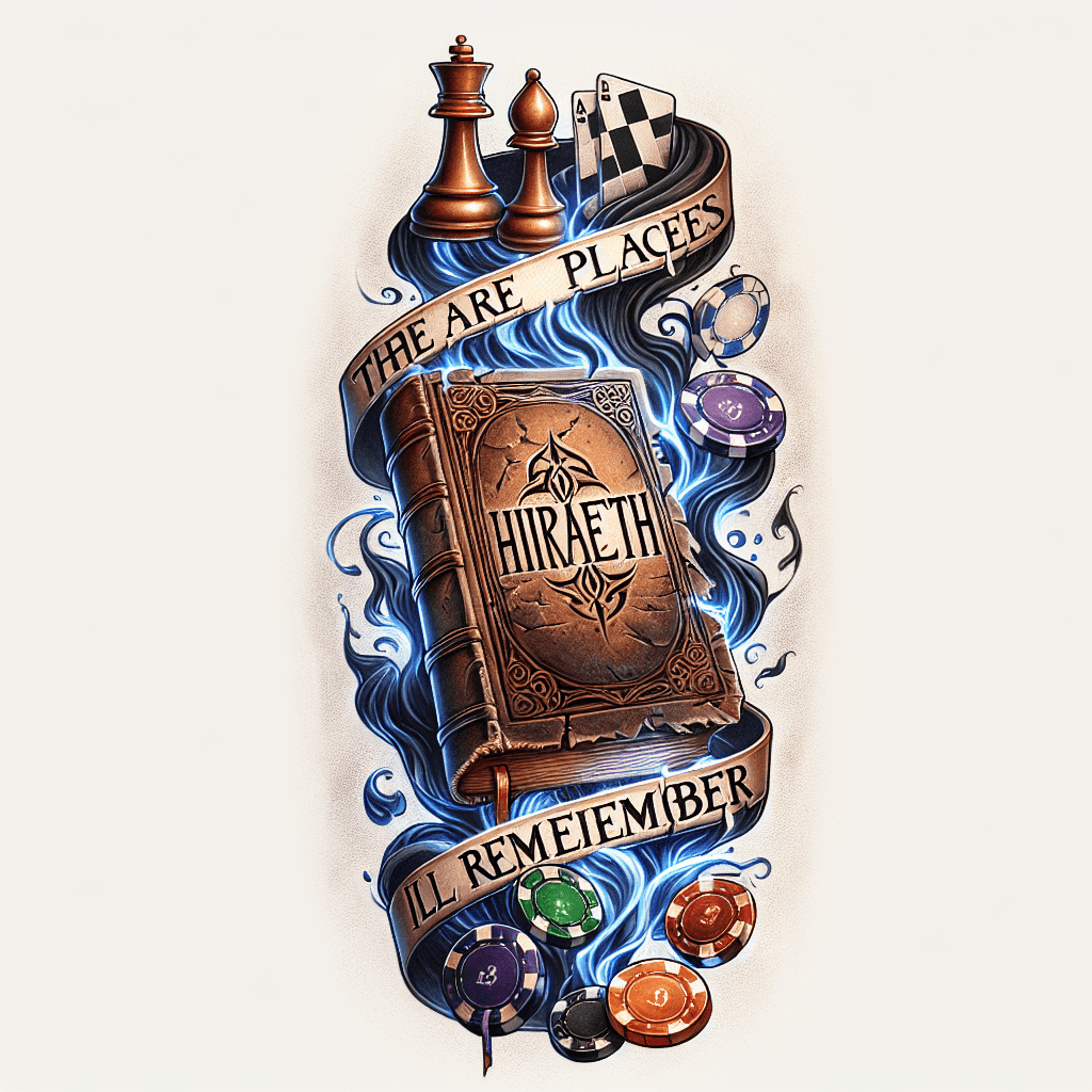 Forearm Tattoo Of Poker Chips And Chess Pieces Mystically Spiraling Up And Out Of A Tattered Old Book Titled Hiraeth With Smoke And The Words “there Are Places I’ll Remember “