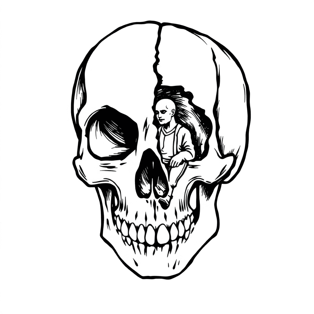 A Full Skull Facing Forward With Half His Brain Missing So It Looks Like You Can Look Inside The Brain And See A Man Sitting Idel