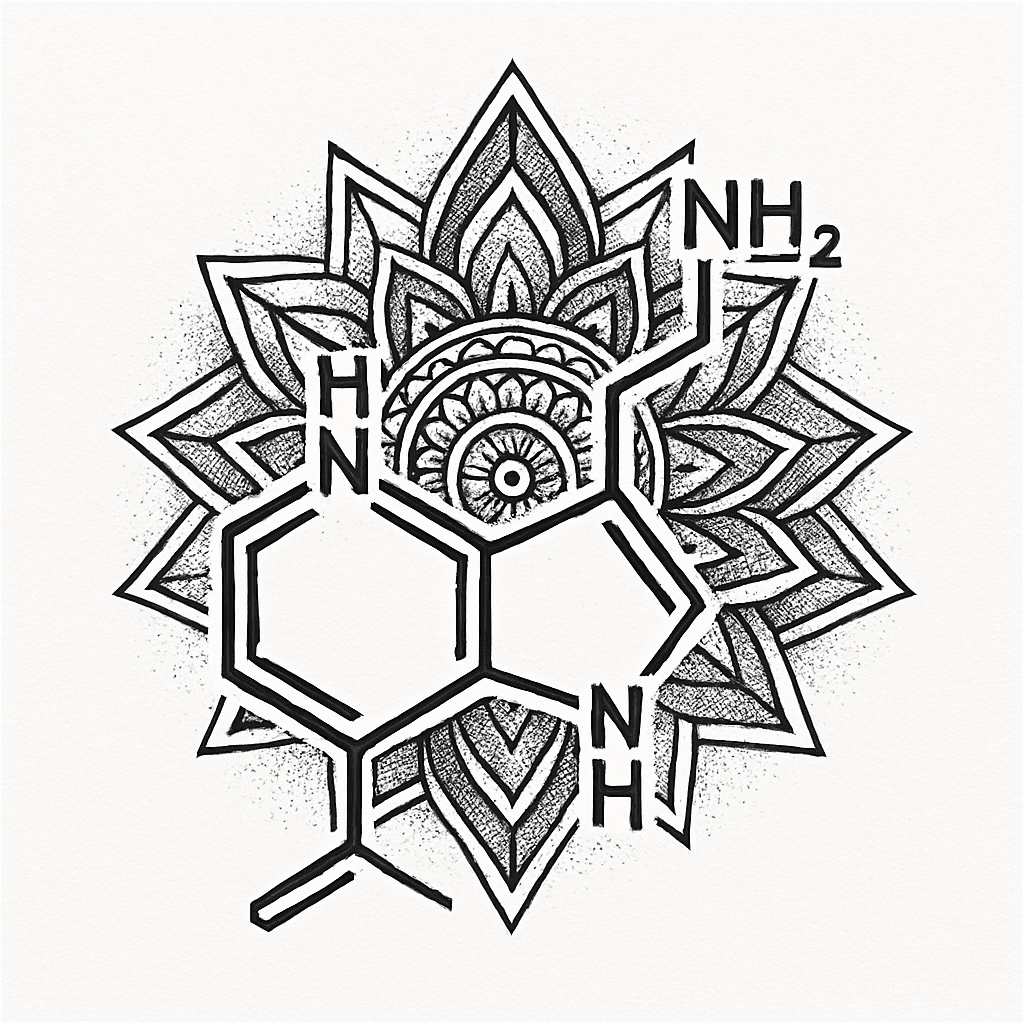 Dotwork Tattoo Of The Lsd Molecule With Subtle Mandala Accents Behind It, Black Ink Only, Delicate And Detailed, Balanced Circular Layout