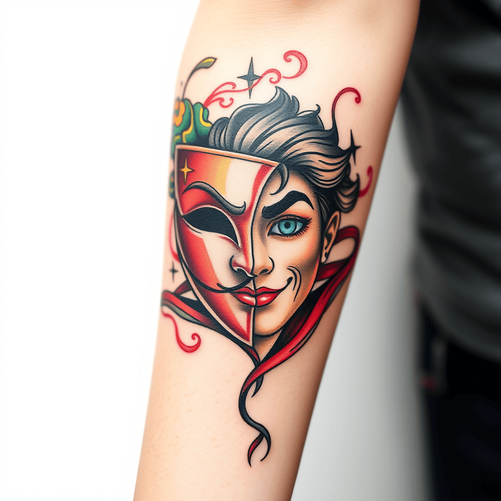 Forearm Tattoo Half Theater Mask Half Peter Pan Surrounded By Smoke