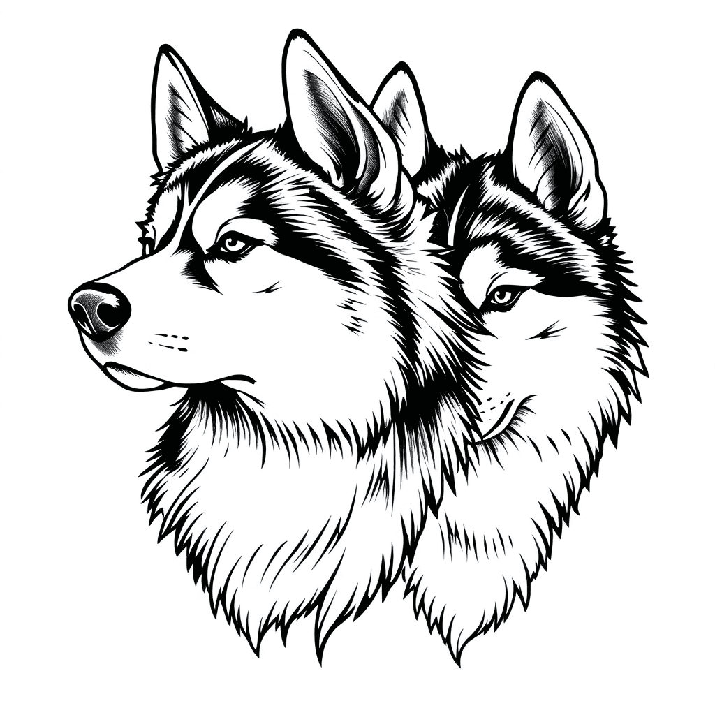Sketch Of A Tattoo Machine. Style-japanese Tattoo. Two Siberian Huskies. A Focused Expression On Her Face. Detailed Fur Texture Achieved Through Fine Hatching.