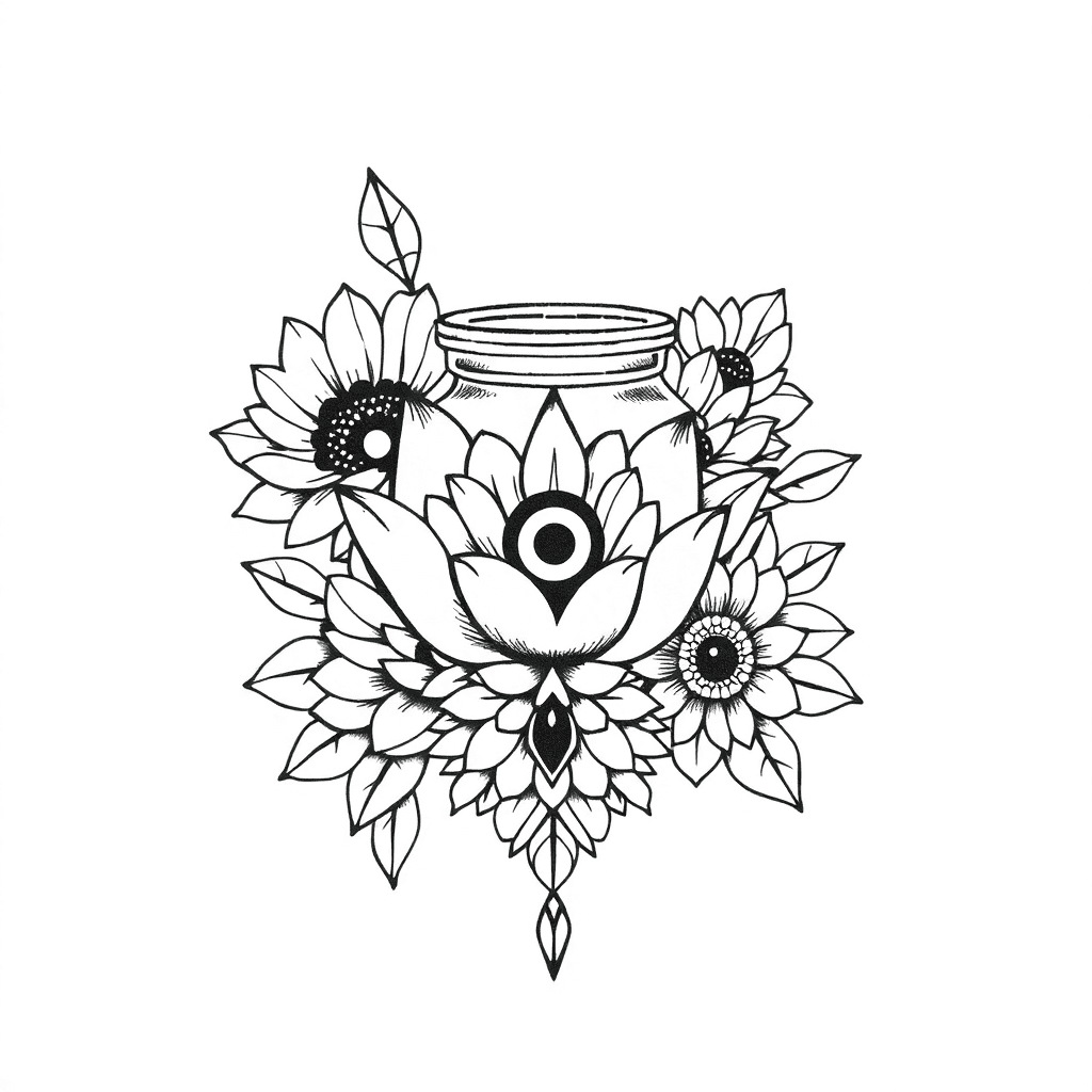 Incorporate A Lotus Flower, Peony Flower, 3rd/ Evil Eye, A Mandala. Add "i Keep These Feelings In A Plastic Jar, Bust Em Out When Ever Someone Is Acting Hard" Quote