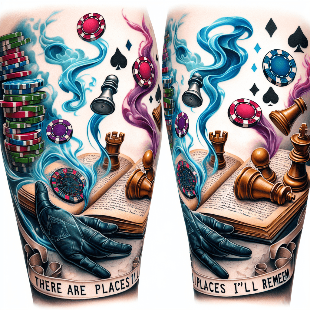 Fantasy Style Forearm Tattoo Of An Opened Antique Book Titled “hiraeth” With Poker Chips And Chess Pieces Rising Up And Floating Out With Smoke Intertwining And The Words “there Are Places I’ll Remem