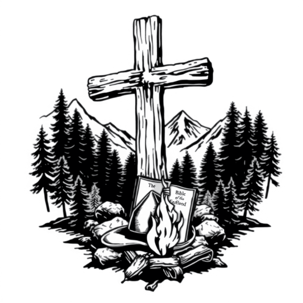 An Old Rugged Cross In The Background With A Fireman's Helmet And A Cowboy Hat With A Bible A Campfire In Wooded Mountains