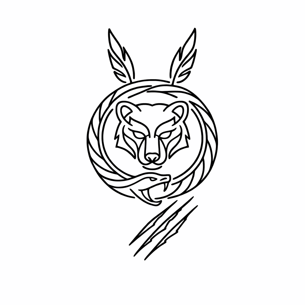 “tribal Circular Seal Of The Strategic Guardian”
tribal Bear Mask, Tribal Ring Serpent, Two Upward‑pointing Feather‑like Spikes Eagle. Three Diagonal Claw‑like Cuts Tiger