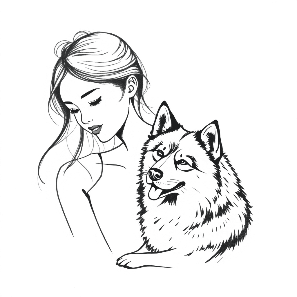 Woman With Akita Dog, Fine Single Line