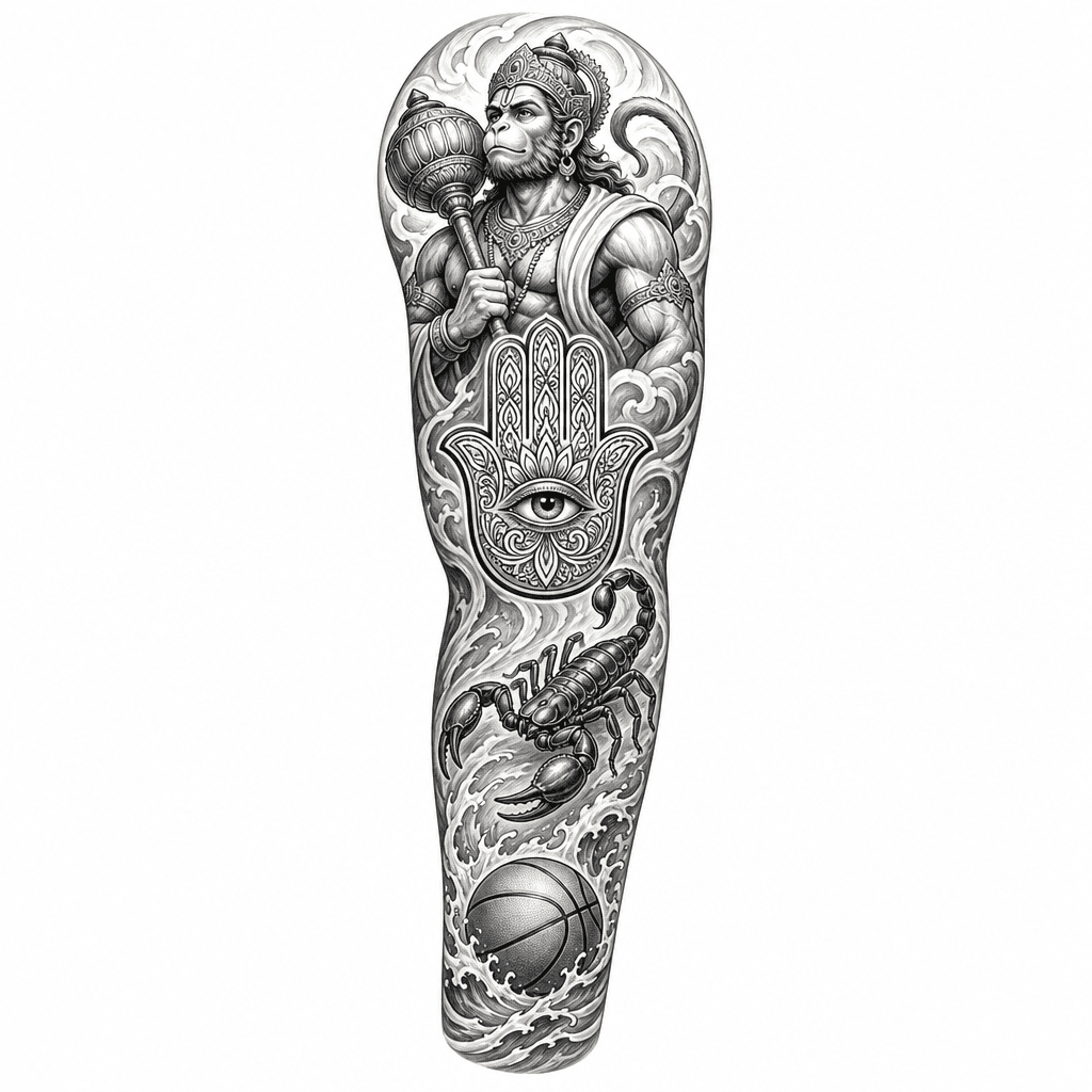 Hanuman, Hamsha Hand, Scorpion, Water, Basketball, An Full Arm Sleeve