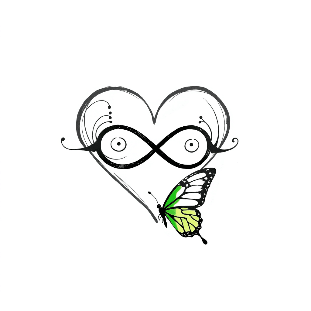 A Heart With Infinity Symbol Going Through It Horizontally. Add Swirly Designs Inside The Heart. Add A Green Butterfly At The End Of The Heart